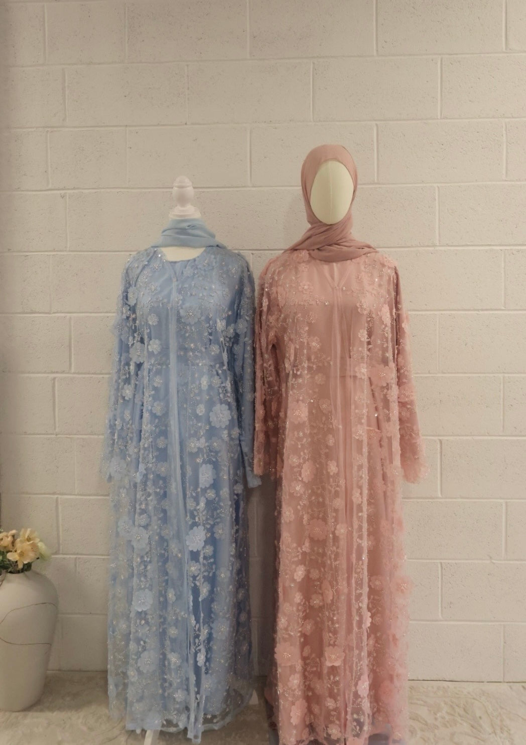 Malika-Heavy Work Flower Abaya - Baby Blue