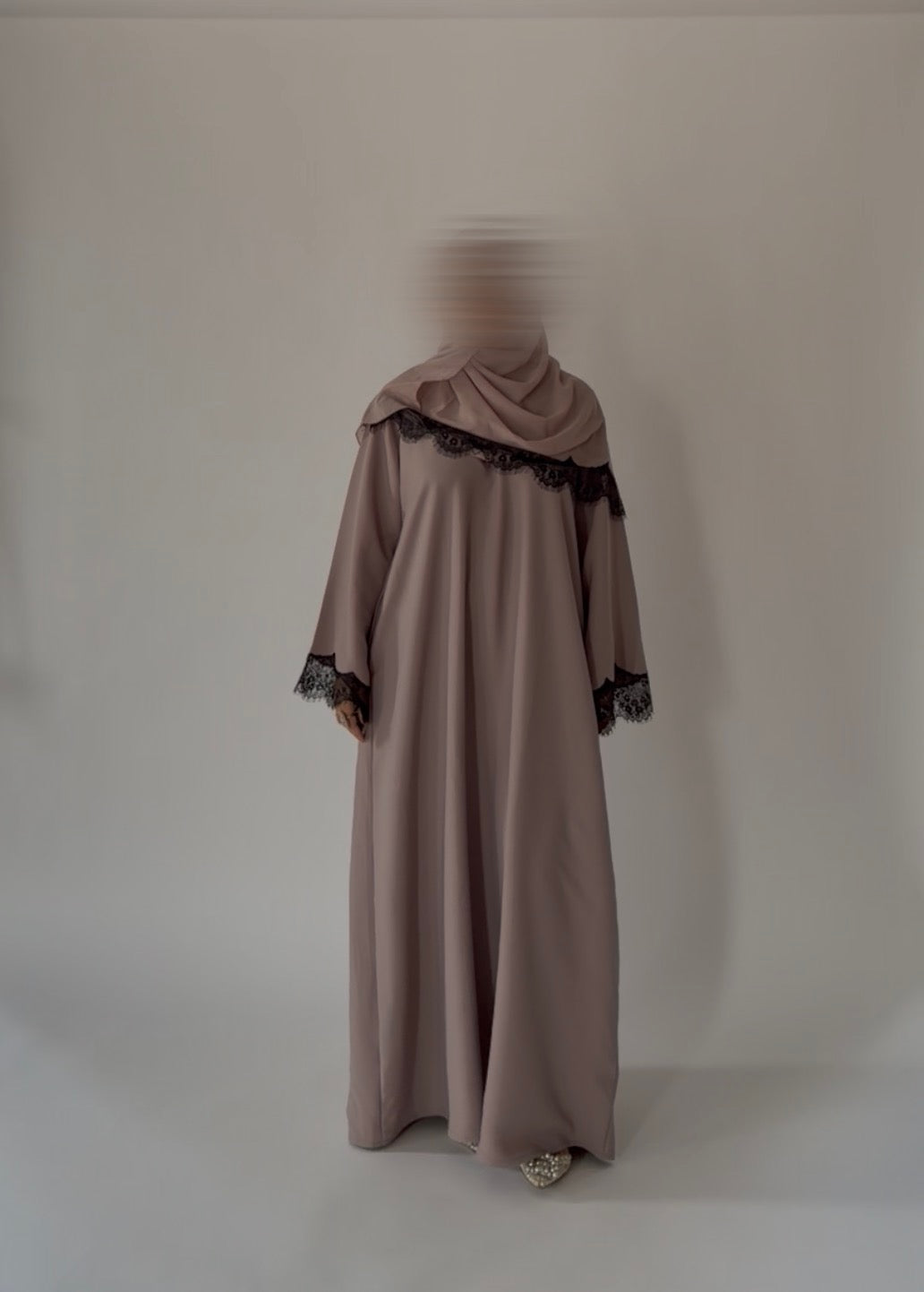Rania-Lace Crepe Abaya Set-Latte