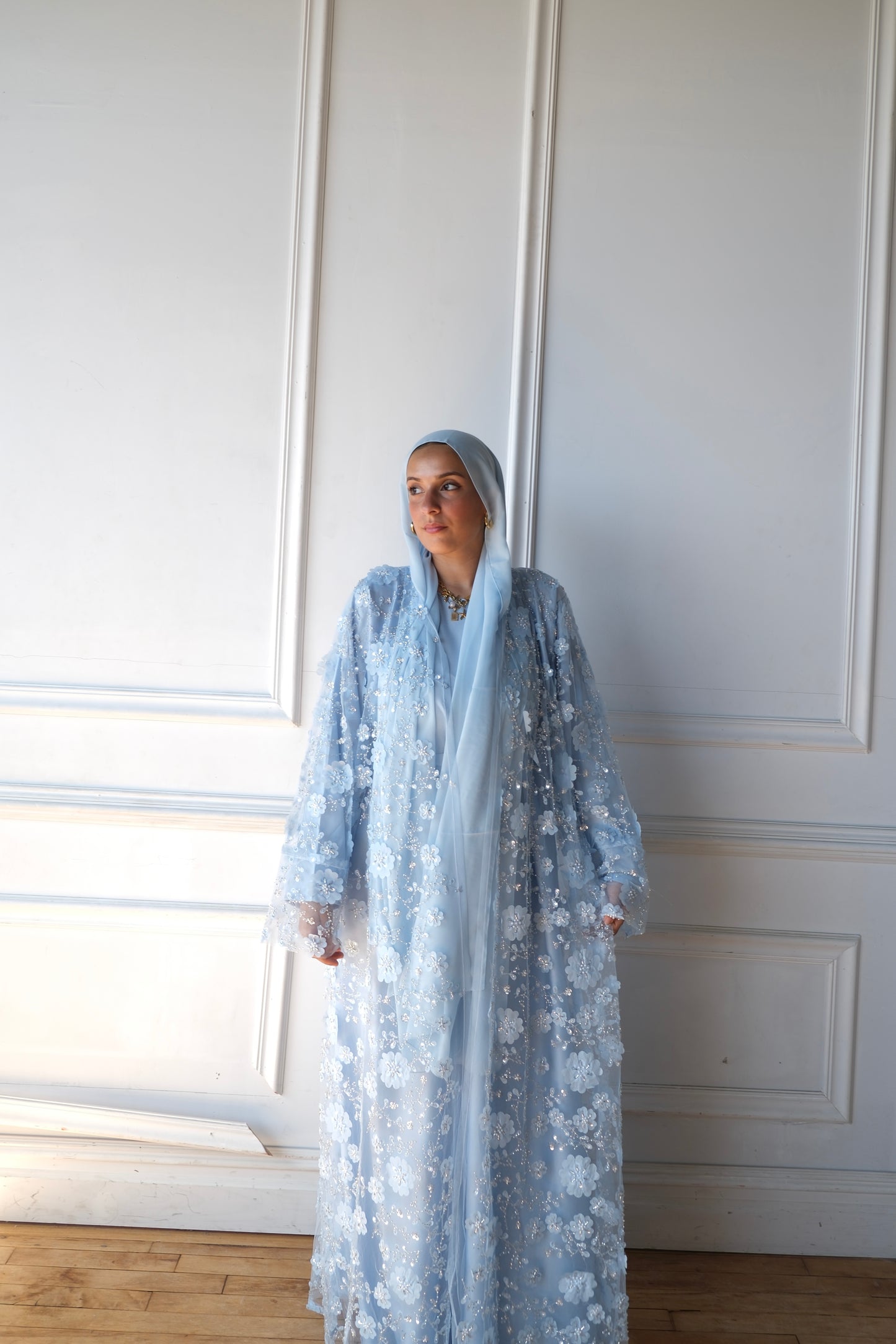 Malika-Heavy Work Flower Abaya - Baby Blue