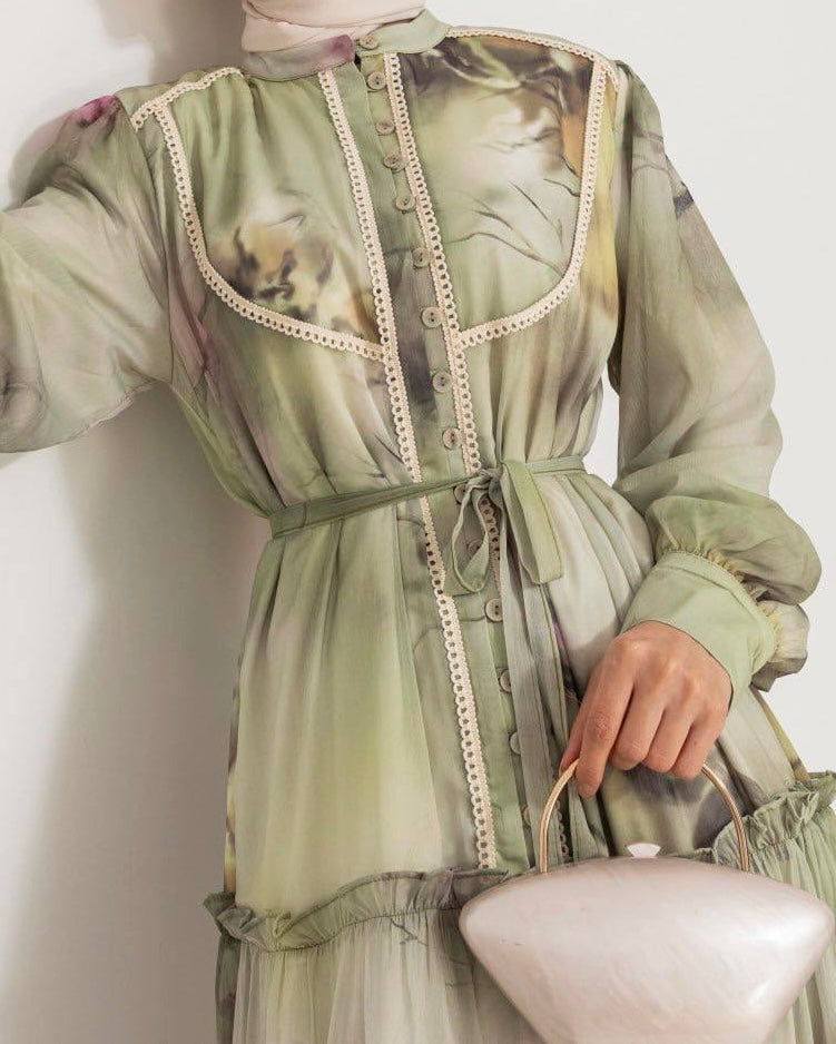 Patterned Embroidered Sage Chiffon Dress