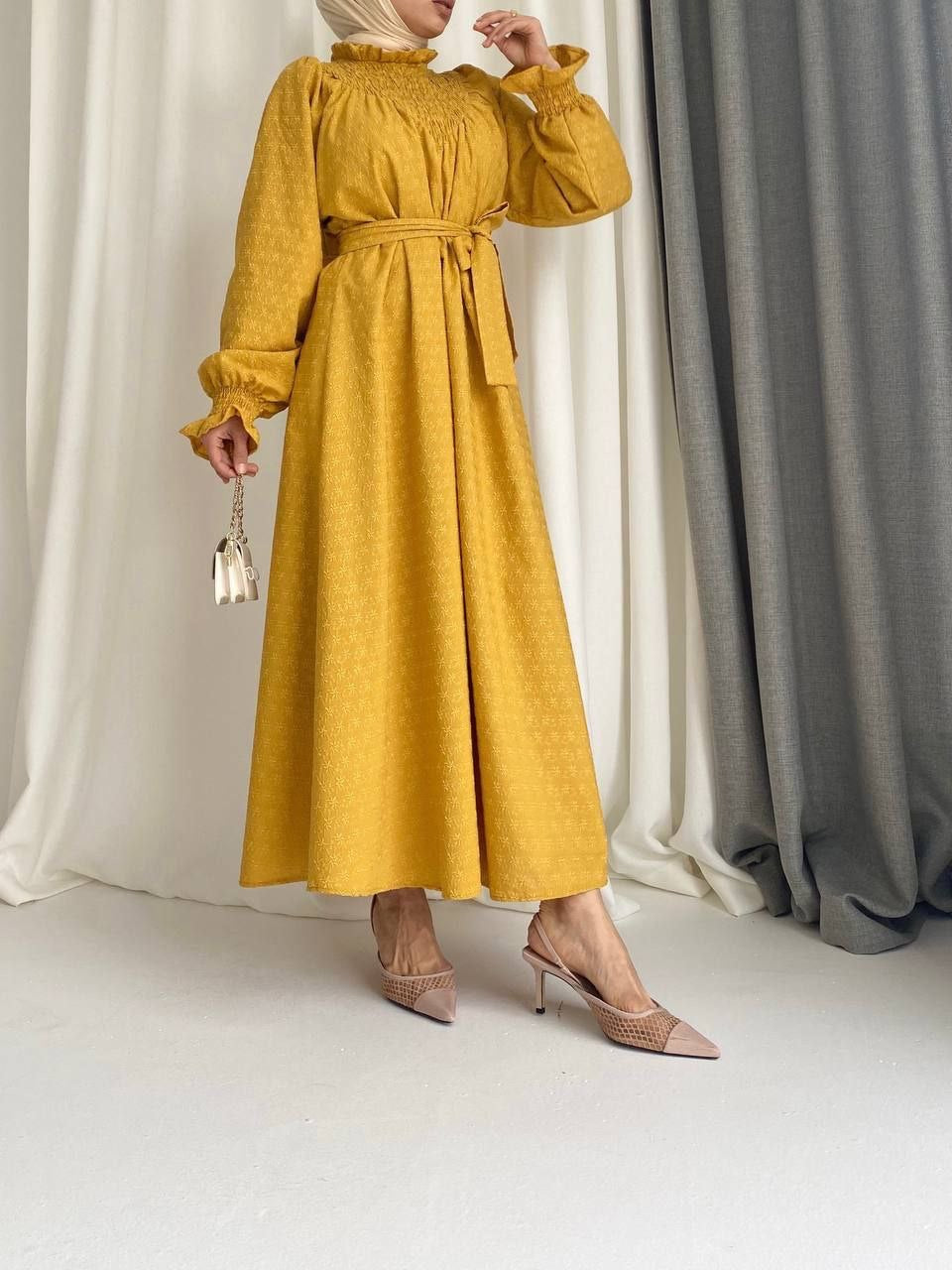 Asma-Mustard embroidery dress