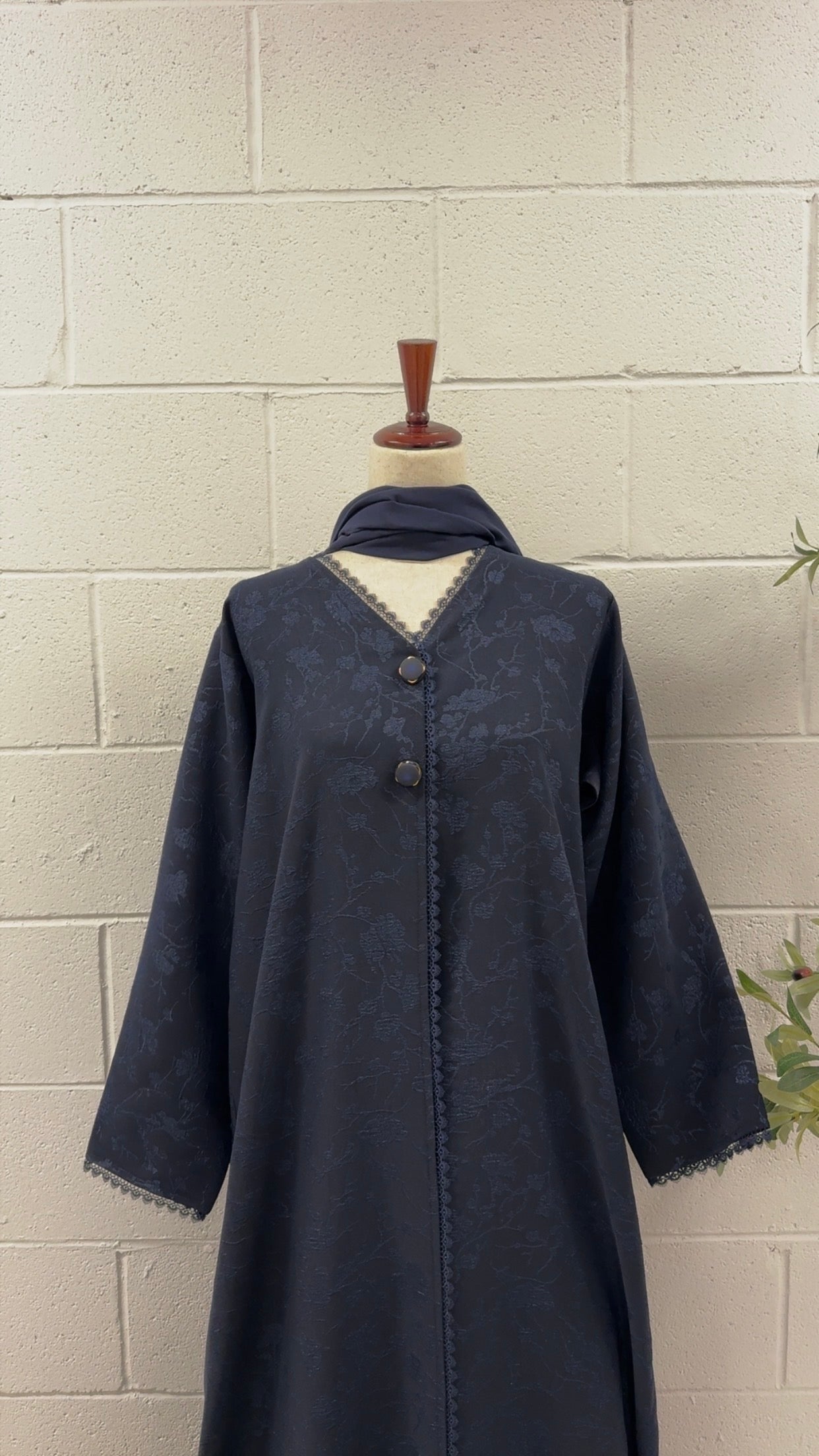 Aaira-Closed Button Lace Abaya-Navy Jacquard Design
