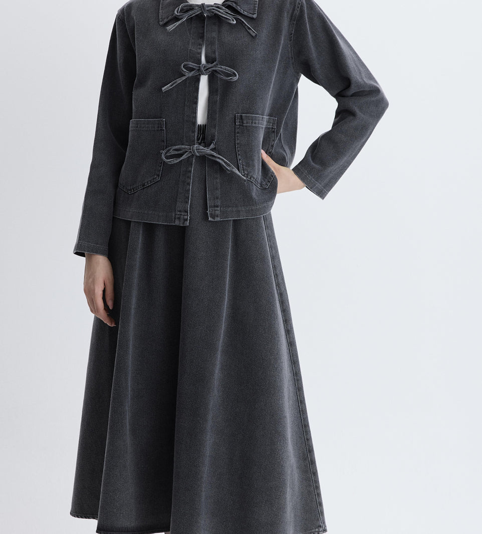 Denim Front-Tie Skirt Set-Black