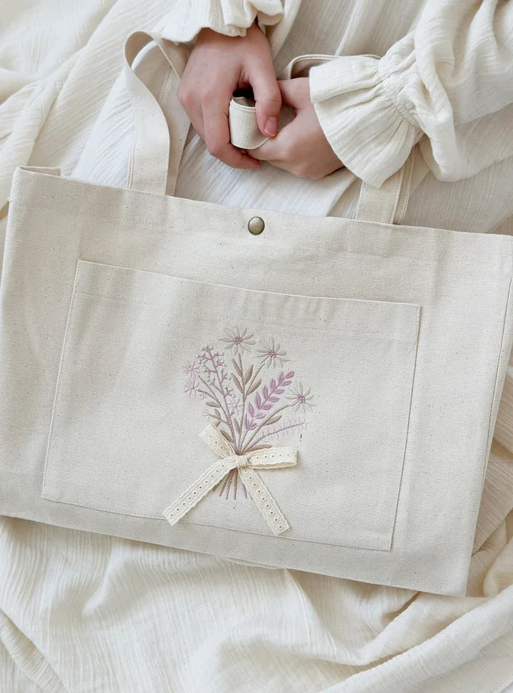 Embroidered-Tote bag with bow-Natural Fabric