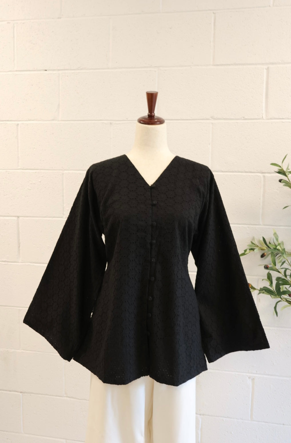Aya-Front Button-Cotton Top-Black