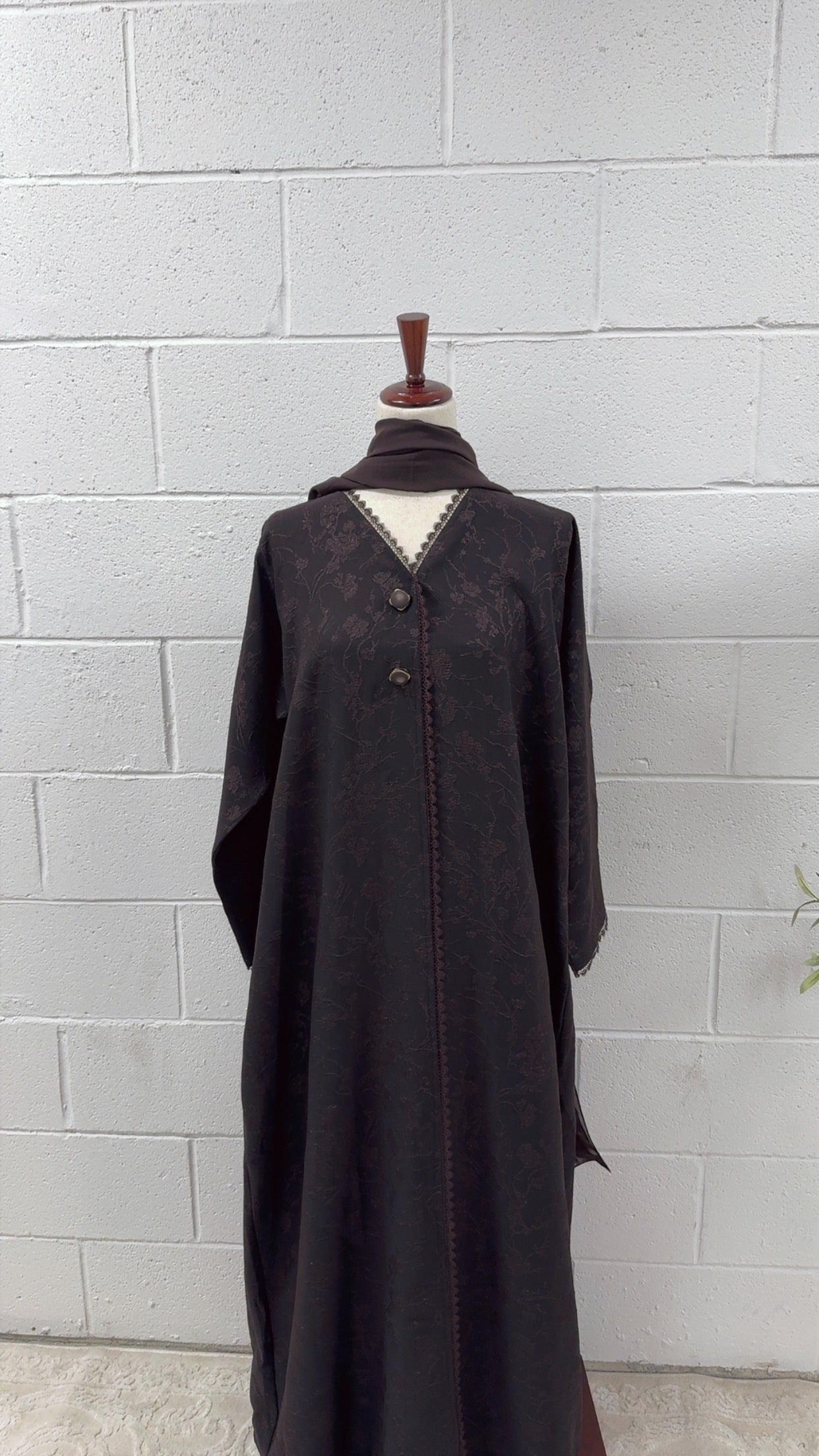 Aaira-Closed Button Lace Abaya- Brown Jacquard design
