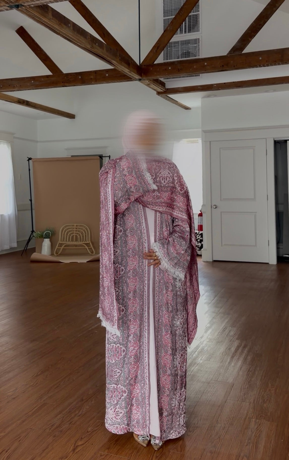 Pashmina Three-Piece Abaya Set-Pink