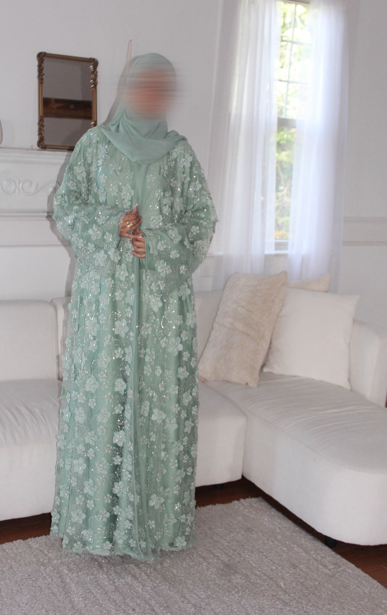 Malika-Heavy Work Flower Abaya - Sage