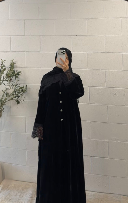 Leena-Velvet-Button-Blazer Abaya Set-Black