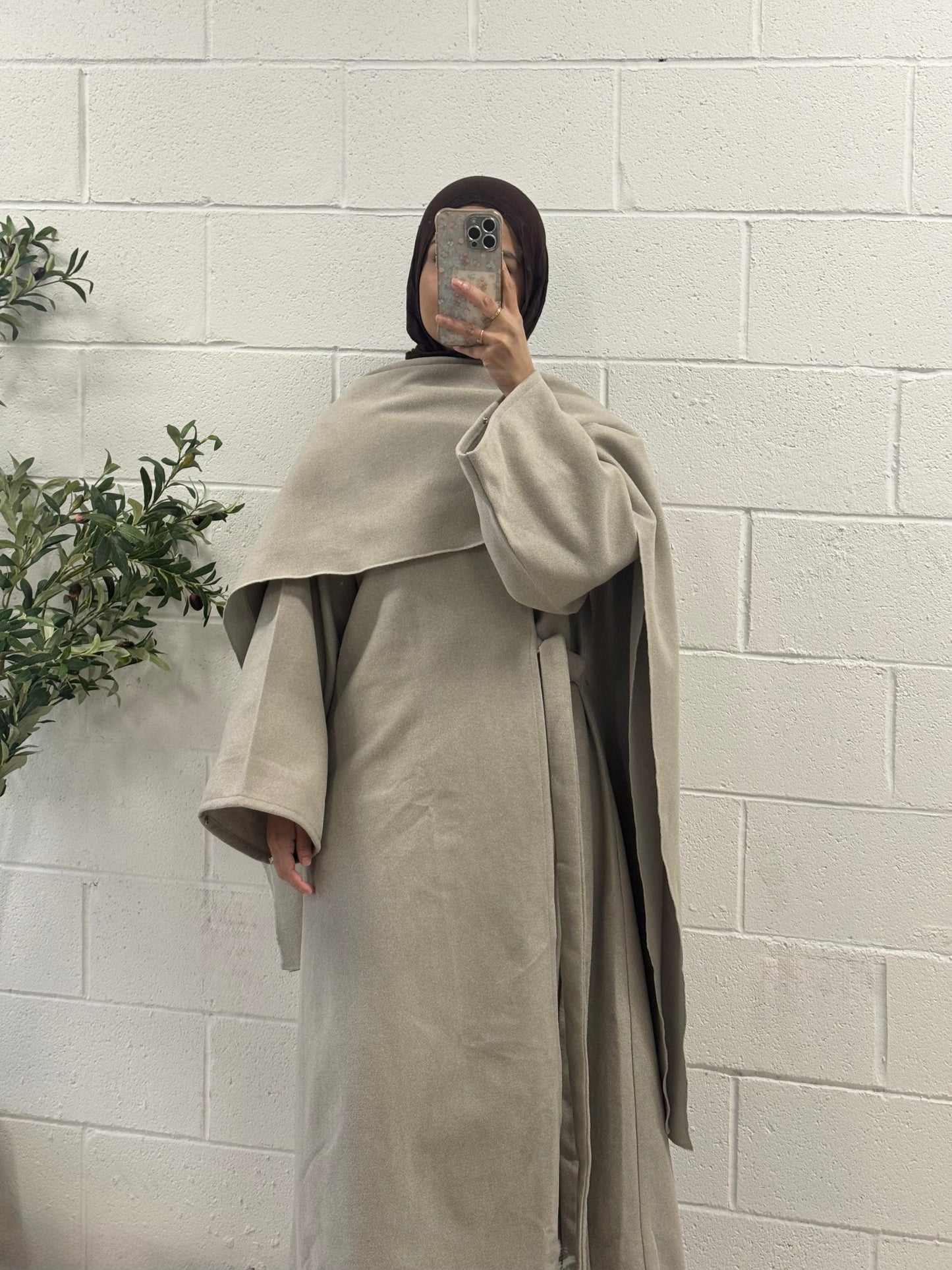 Wool Abaya Coat-Matching Shawl-Beige
