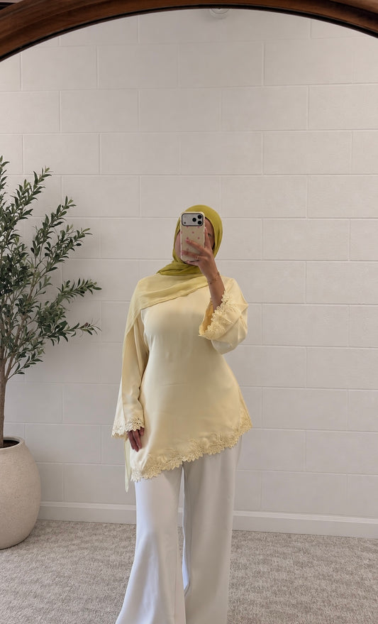 Ella- Asymmetrical-Lace Top-Butter Yellow