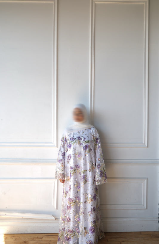 Nouri-Heavy Flower Work-White Abaya Set