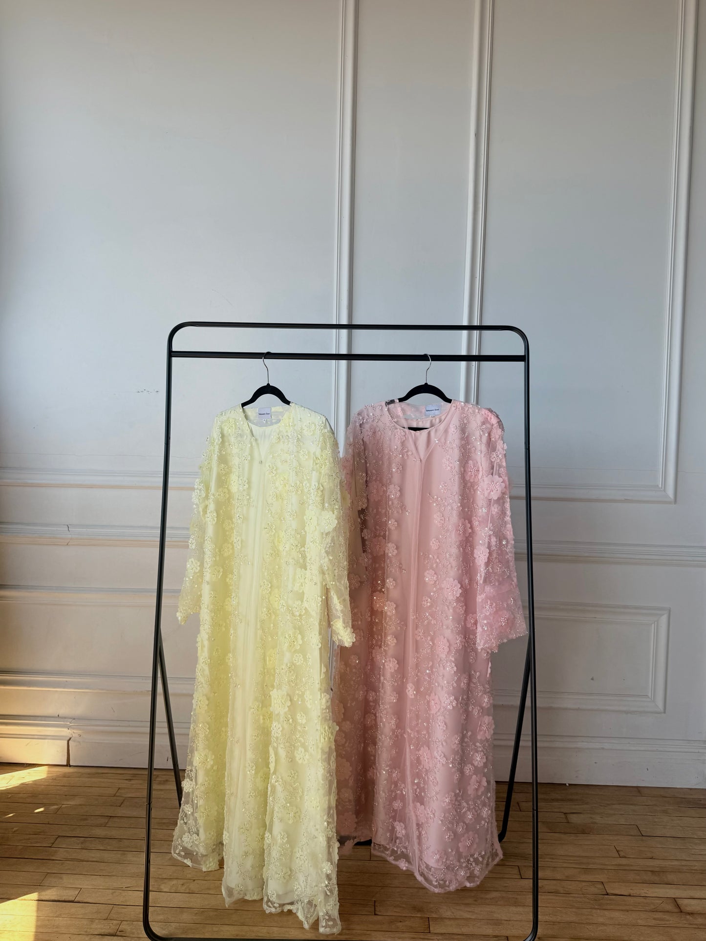 Malika-Heavy Work Flower Abaya - Pale Yellow