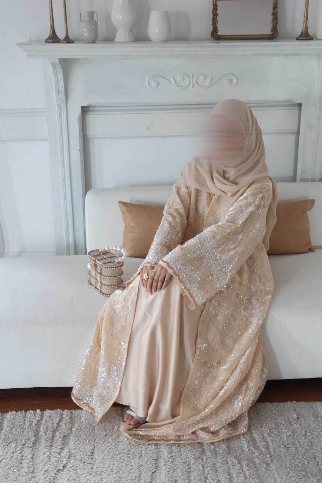 Liyana-Organza Embellished Abaya-Three-piece-Light Peach