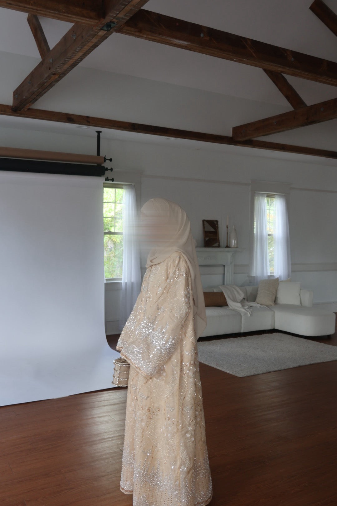 Liyana-Organza Embellished Abaya-Three-piece-Light Peach