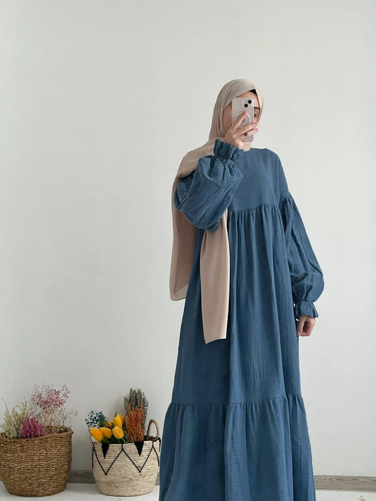 Muslin Maxi Dress-Steel Blue