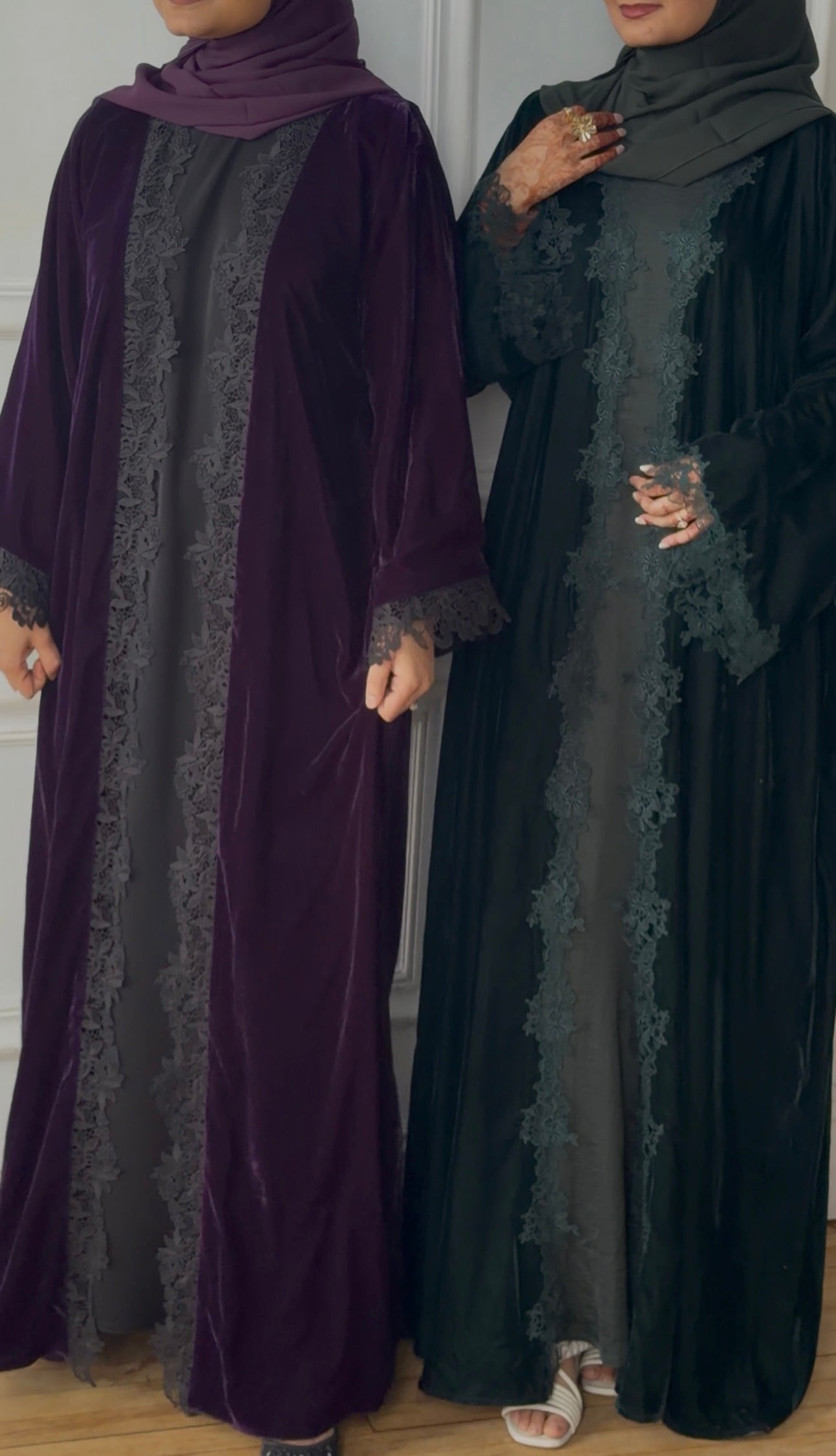 Nawal-Velvet Lace Abaya Set-Dark Green