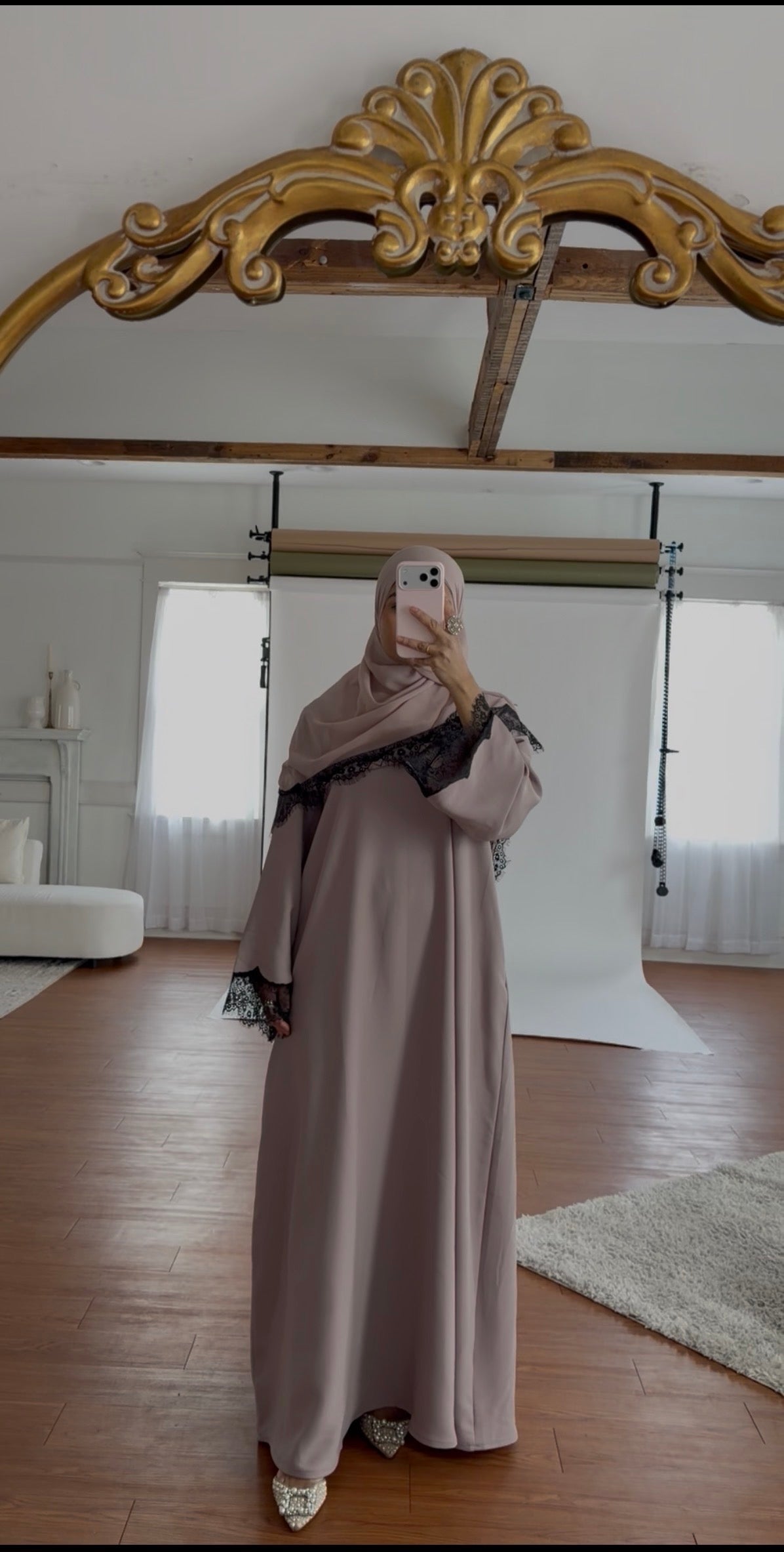 Rania-Lace Crepe Abaya Set-Latte