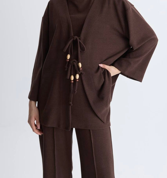 Front-Tied Three-Piece Set-Brown