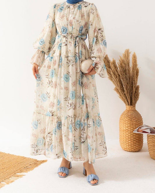 Floral Chiffon Maxi Dress-Blue Rose