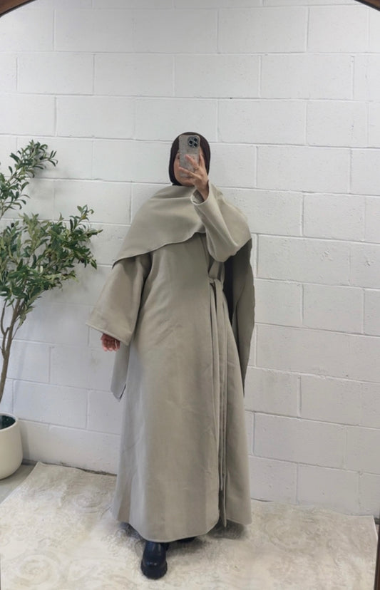 Wool Abaya Coat-Matching Shawl-Beige