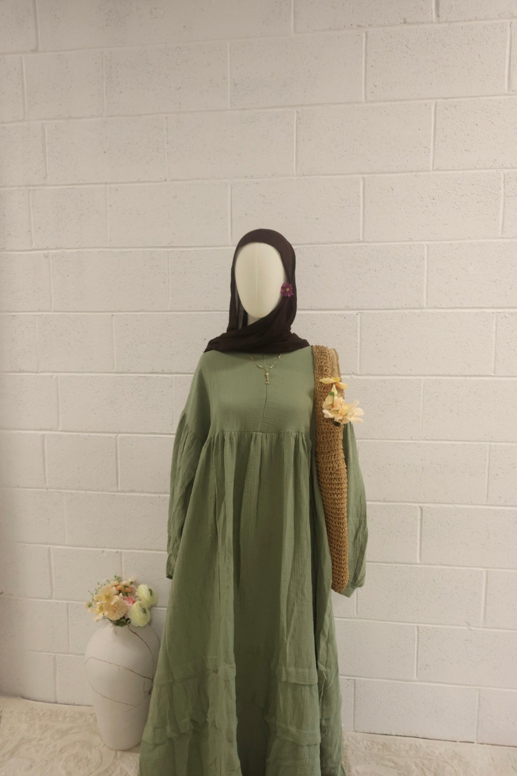 Farah-Organic Muslin Dress-Moss Green