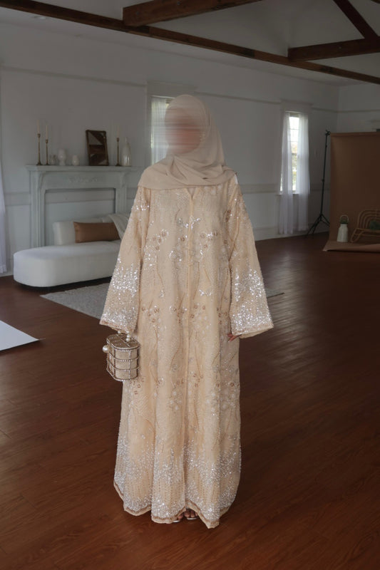 Liyana-Organza Embellished Abaya-Three-piece-Light Peach