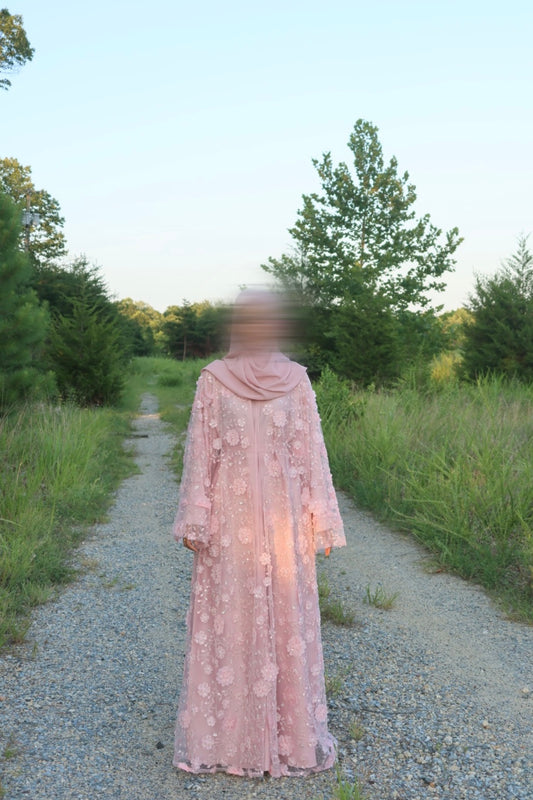 Malika-Heavy Work Flower Abaya - Blush