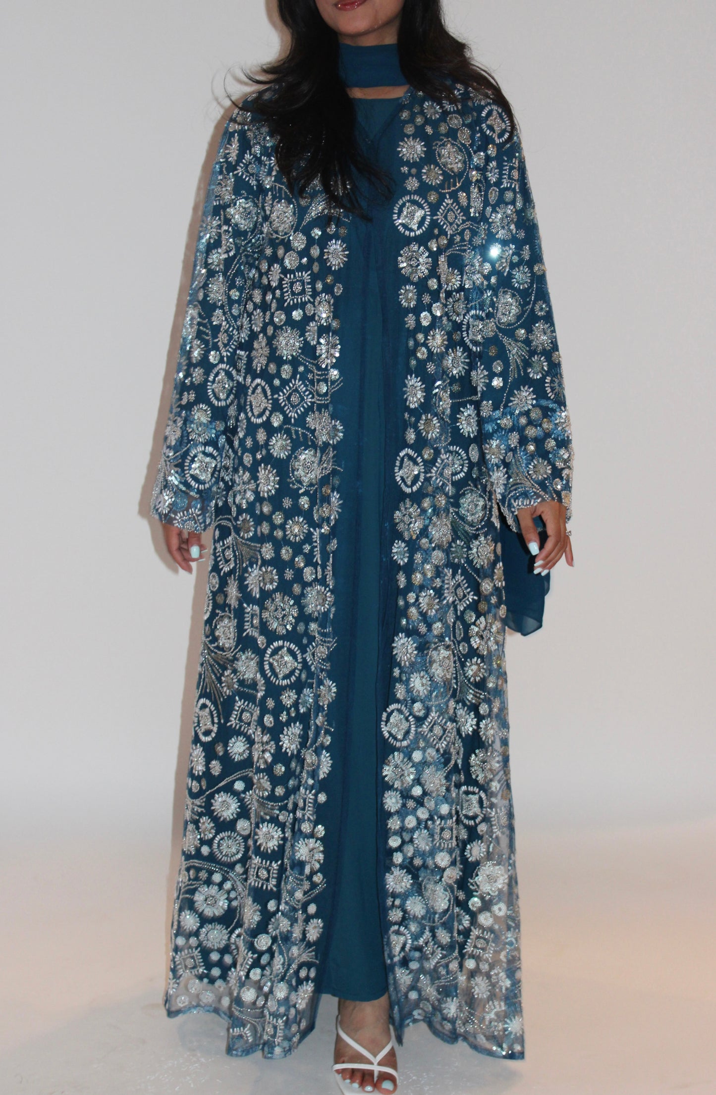 Roya-Heavily embellished-Abaya Set-Crystal Teal