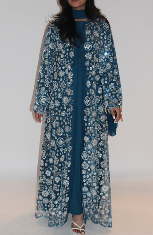 Roya-Heavily embellished-Abaya Set-Crystal Teal