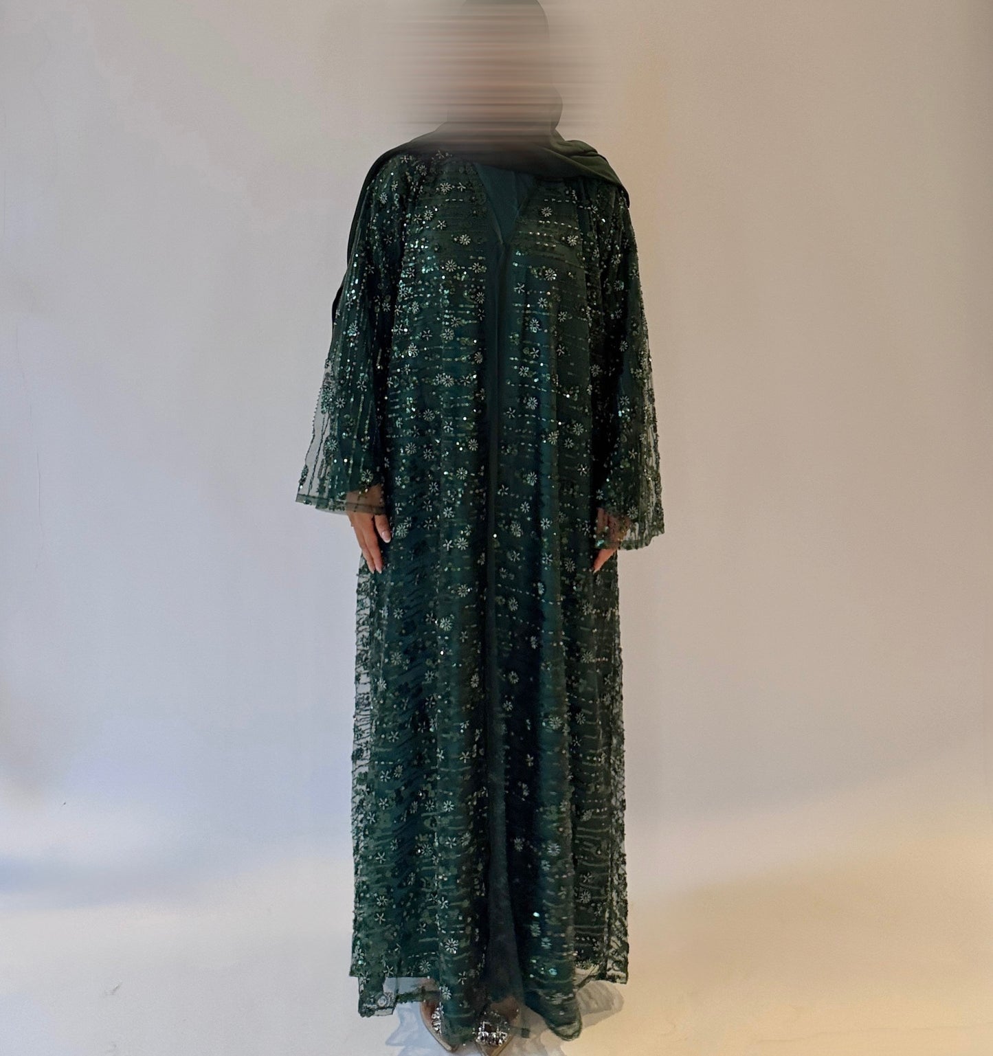 Roya-Heavily embellished-Abaya Set-Dark Green