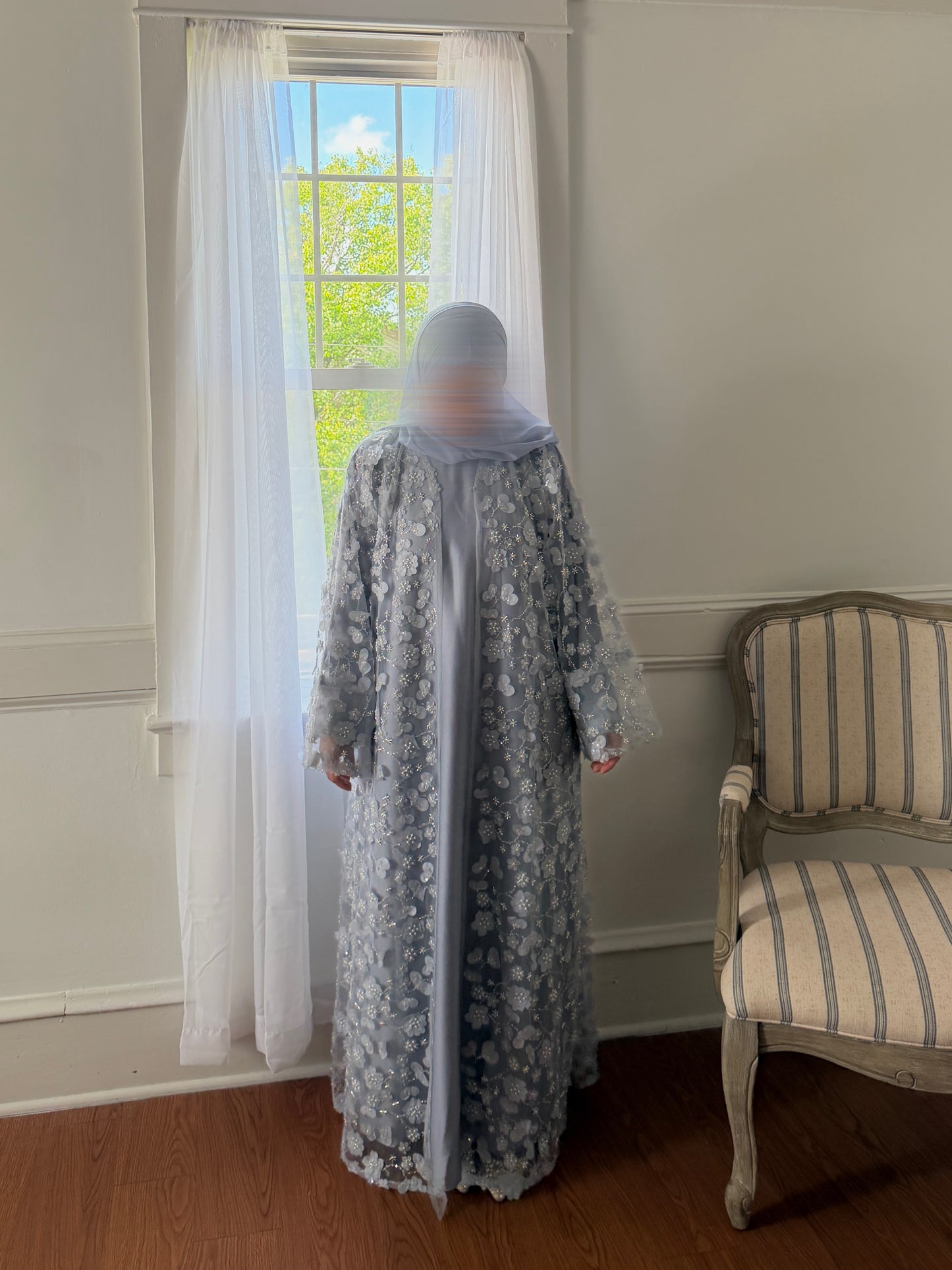 Malika-Heavy Work Flower Abaya - Blue Gray