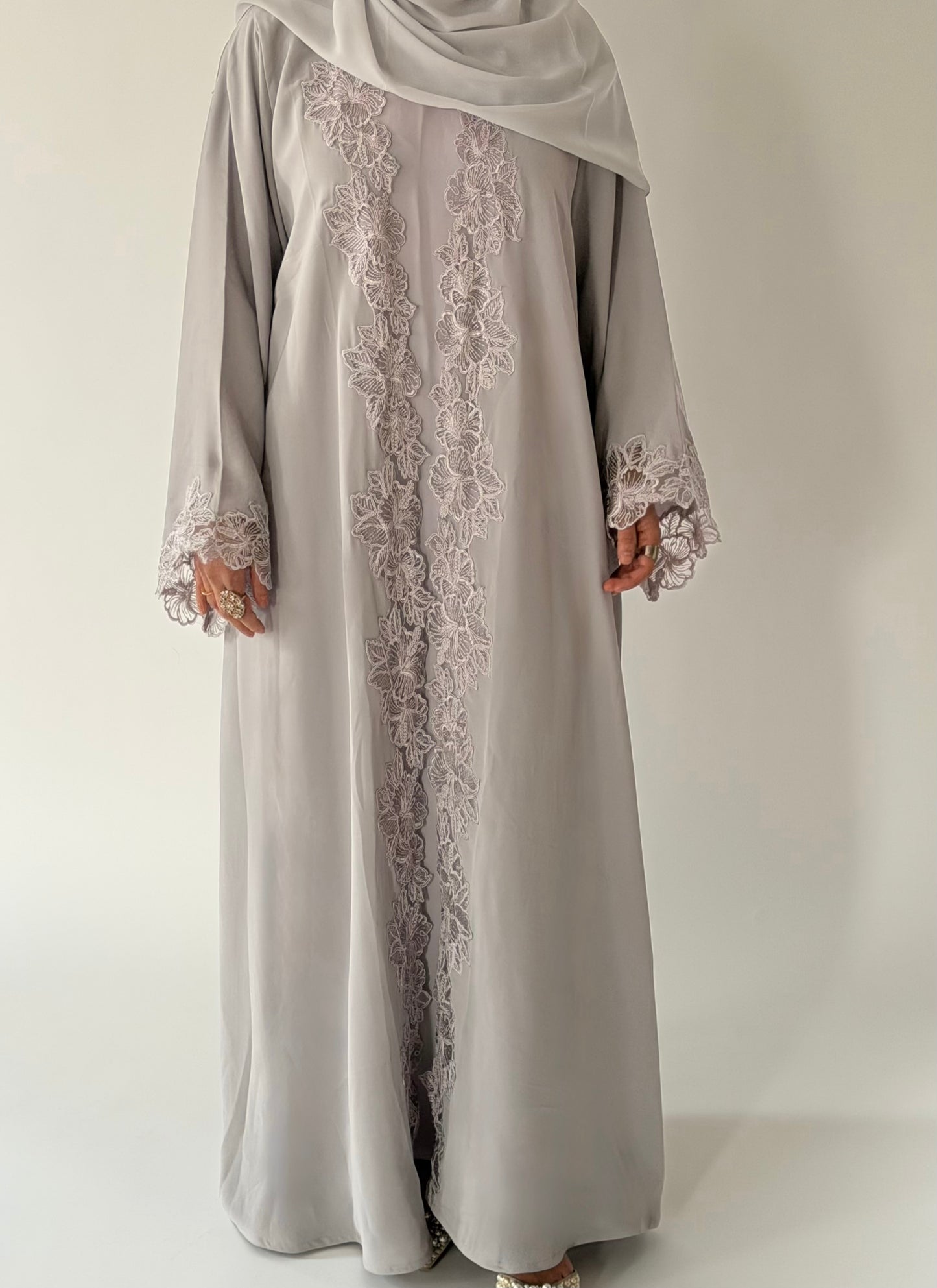 Afrin -Three Piece Lace-Abaya Set-Bright Gray