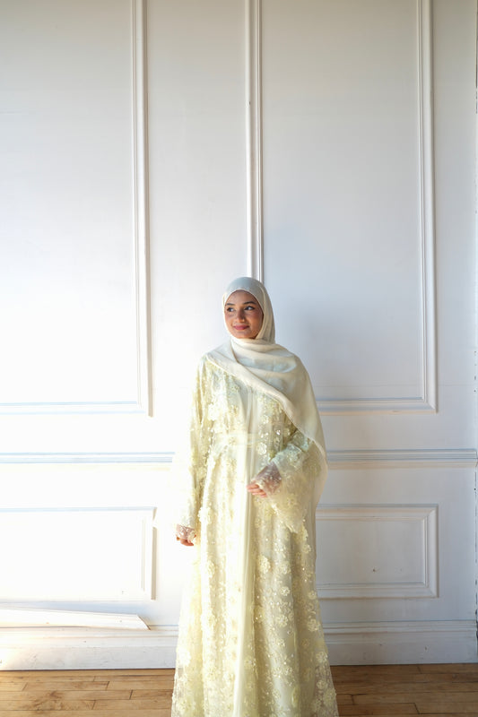 Malika-Heavy Work Flower Abaya - Pale Yellow