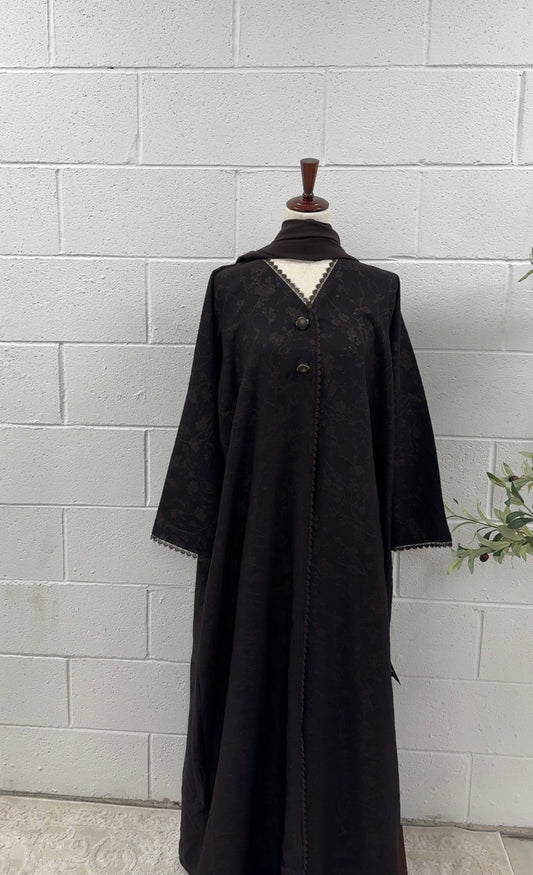 Aaira-Closed Button Lace Abaya- Brown Jacquard design
