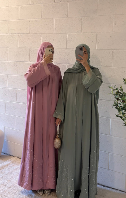 Sahar-Three Piece Abaya Set-Pink