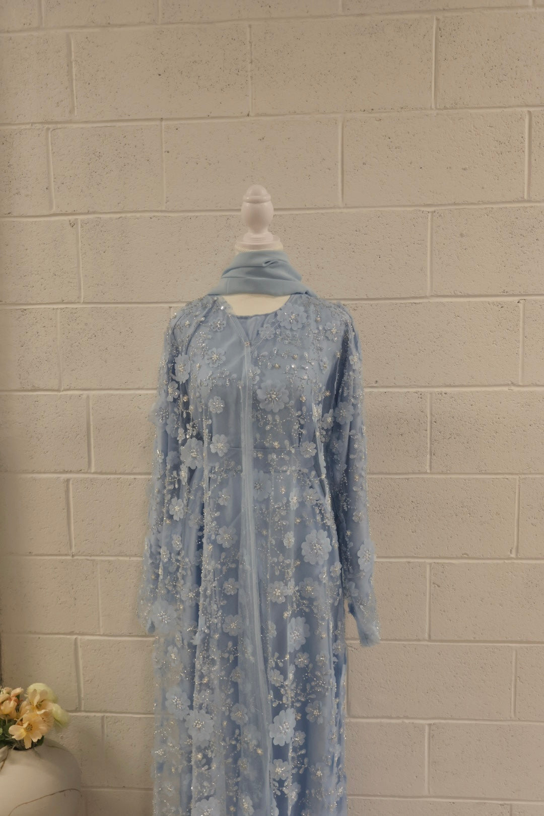 Malika-Heavy Work Flower Abaya - Baby Blue