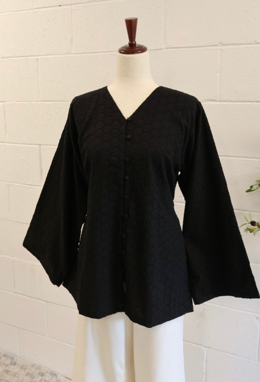 Aya-Front Button-Cotton Top-Black