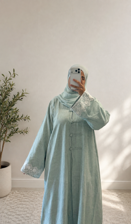 Sora-Linen Two Piece-Abaya Set-Soft Mint