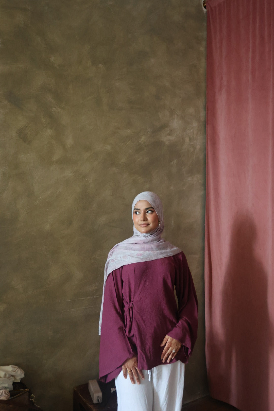 Tie Front Top- Wide Sleeves-Dull Magenta