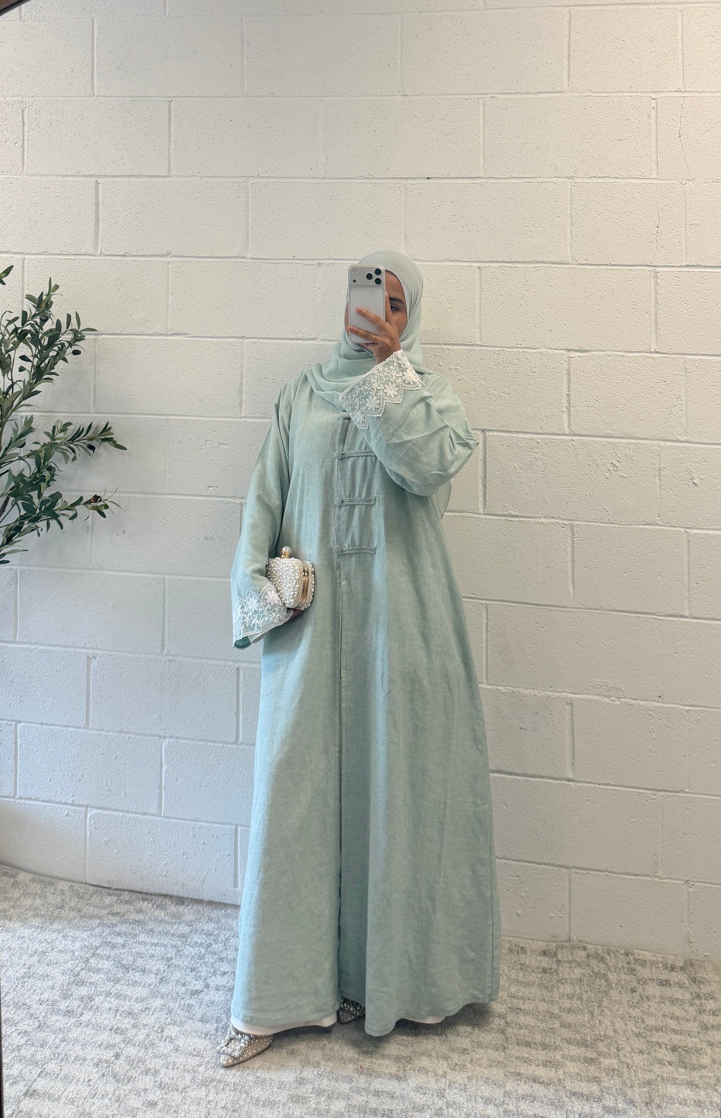 Sora-Linen Two Piece-Abaya Set-Soft Mint