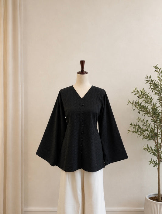 Aya-Front Button-Cotton Top-Black