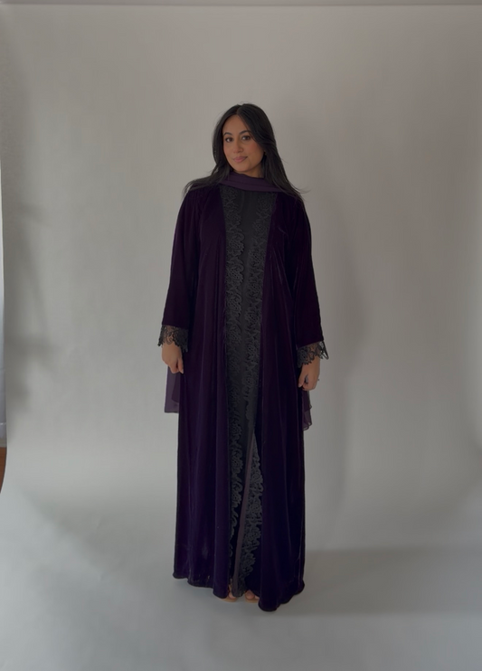 Nawal-Velvet Lace Abaya Set-Dark Purple