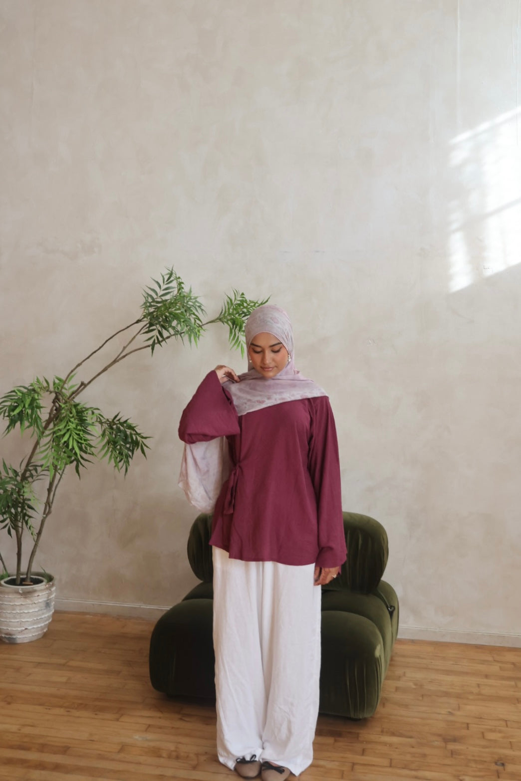 Tie Front Top- Wide Sleeves-Dull Magenta