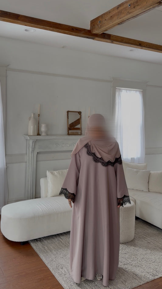 Rania-Lace Crepe Abaya Set-Latte