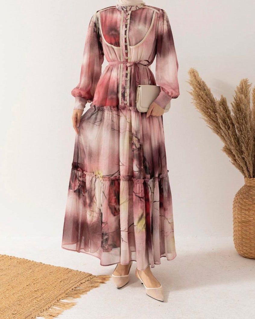 Patterned Embroidered Pink Chiffon Dress