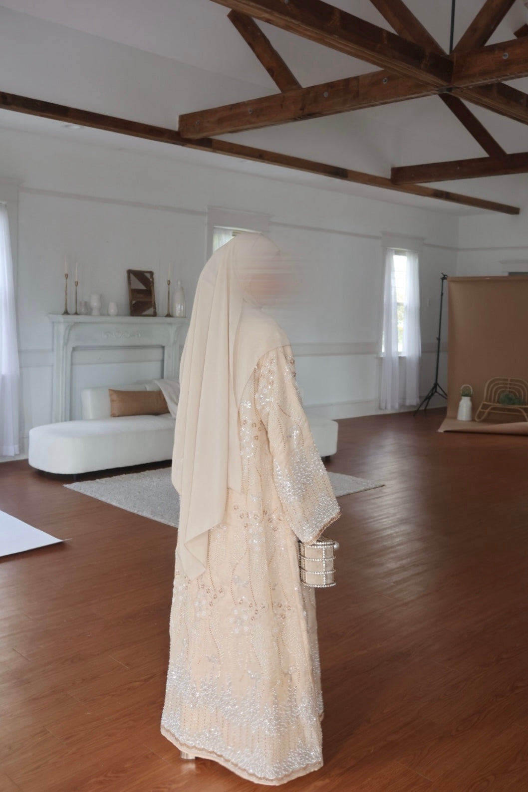 Liyana-Organza Embellished Abaya-Three-piece-Light Peach