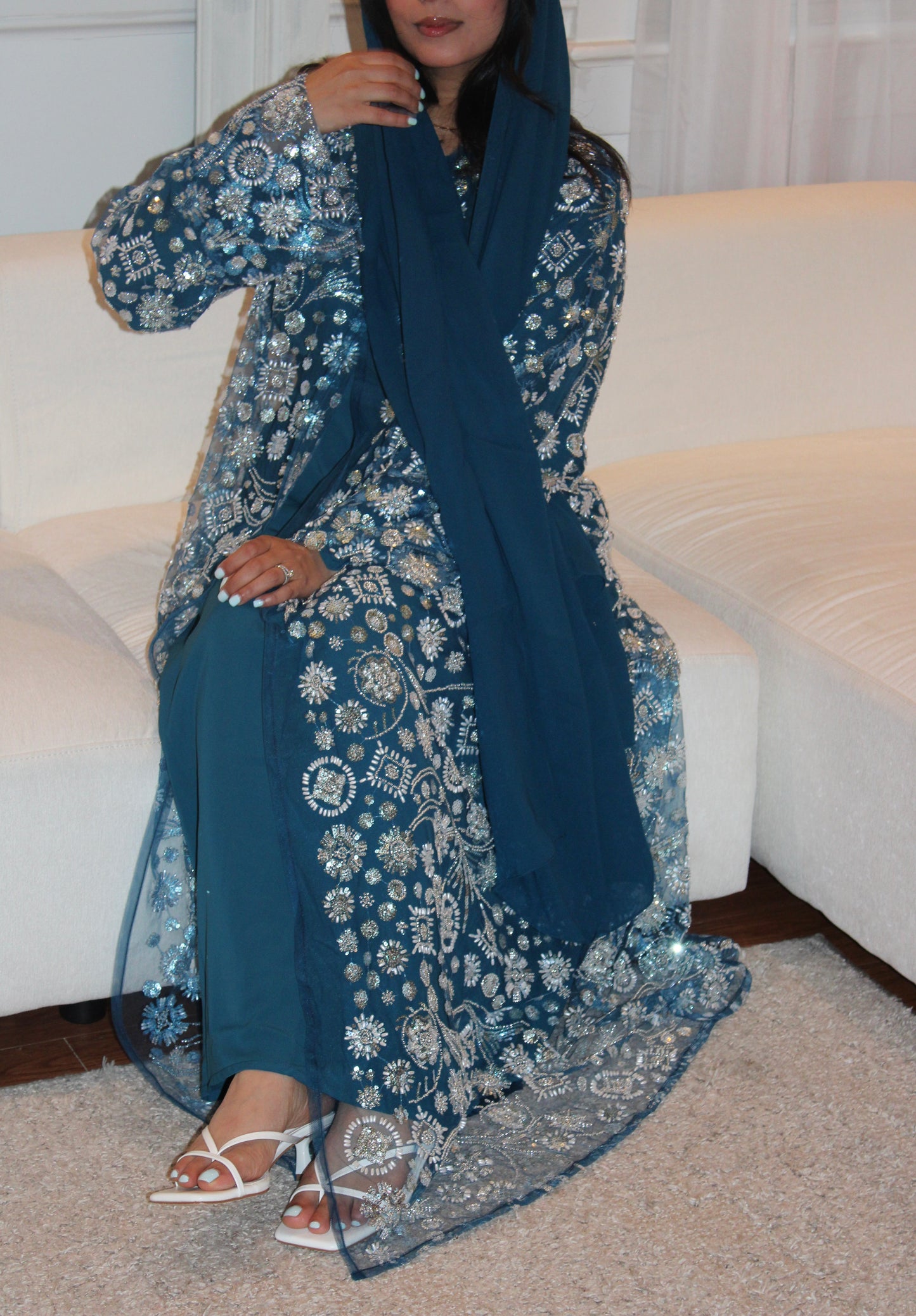 Roya-Heavily embellished-Abaya Set-Crystal Teal