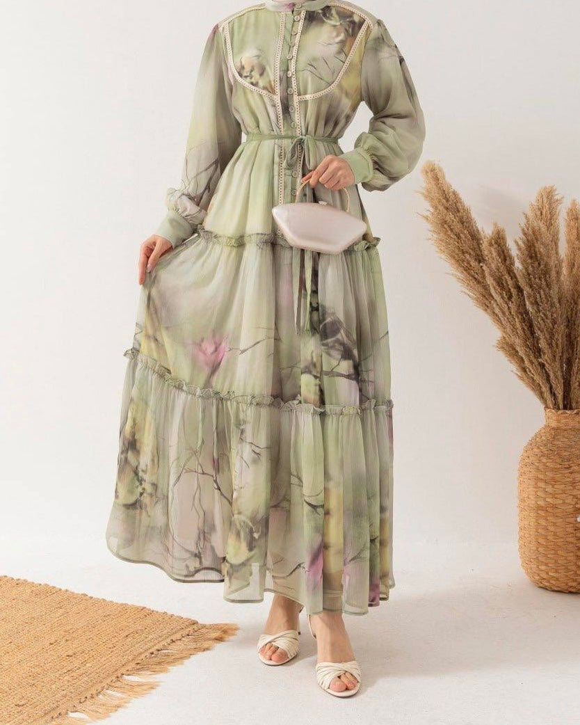 Patterned Embroidered Sage Chiffon Dress
