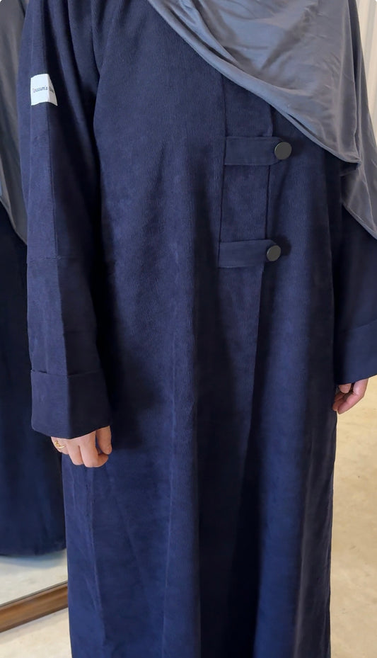 Arwa-Corduroy Winter Button Abaya-Navy